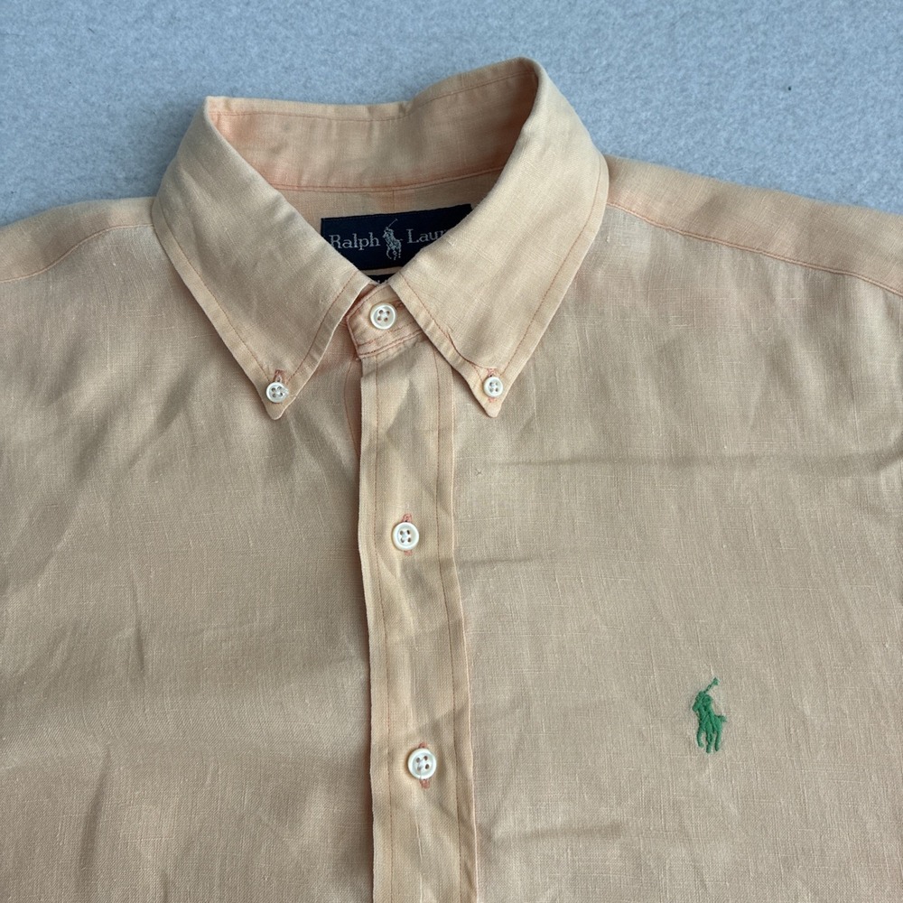 Ralph Lauren Classic Fit 100% Linen Short Sleeve Shirt Mens Medium Peach Preppy